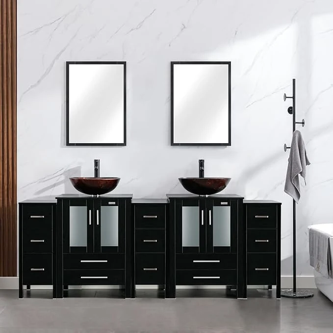 Artisan eclife 84 Modern Bathroom Vanity Sink Combo standing Cabinet with Small Side Cabinet Brown Round Glass Vessel Sink Water Save Faucet Drain Black A09 About ThisOverview Sustainable