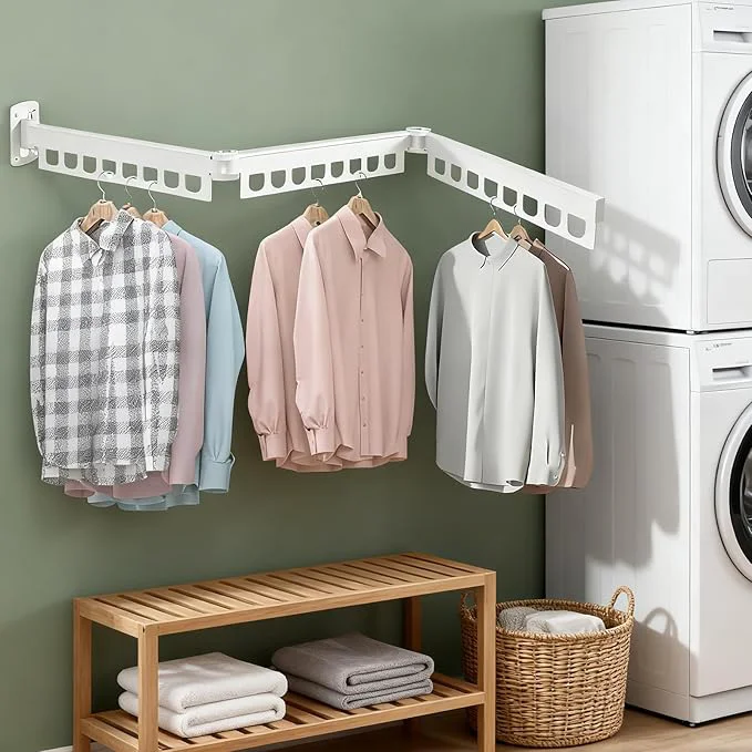 Traditional Clothes Drying Rack Laundry Space Saver Wall Mounted Retractable Collapsible Tri-Fold White Color Rack Clothing with Screws About ThisOverview Effective