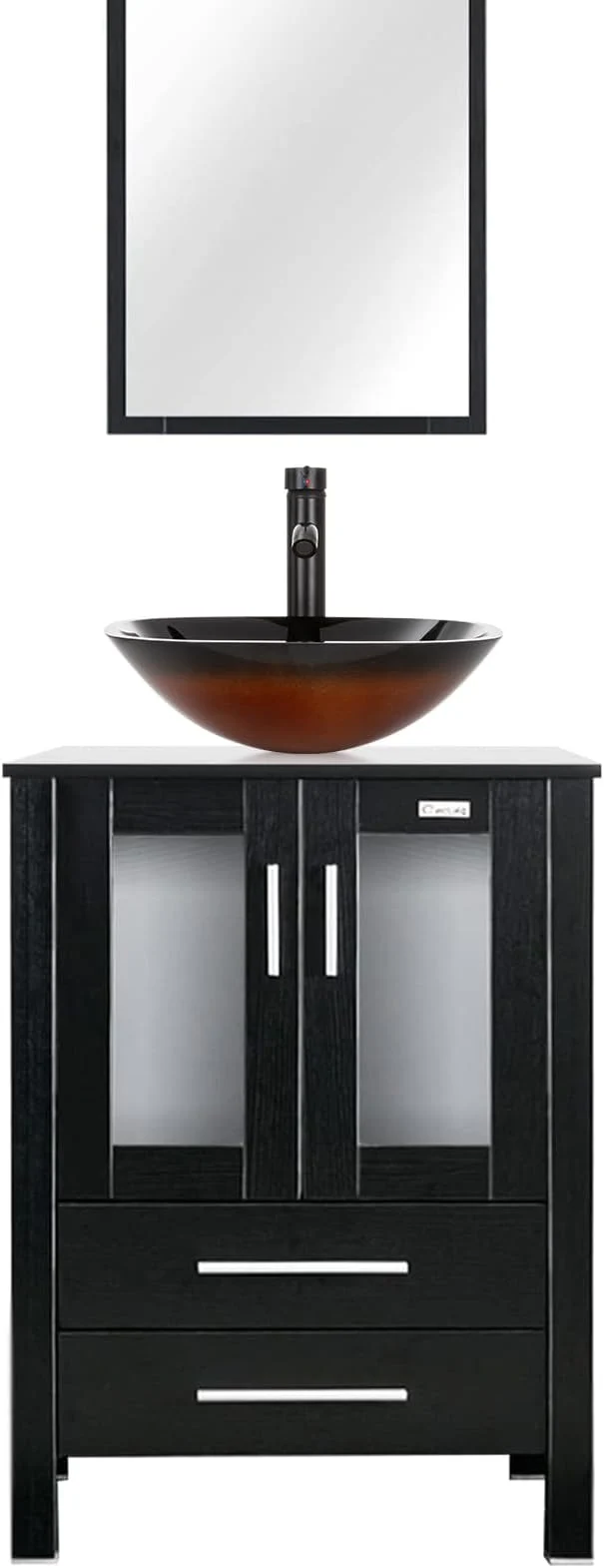 High-Grade eclife 24 Modern Bathroom Vanity Sink Combo standing Cabinet with Soft Closing Door Brown Square Glass Vessel Sink Water Save Faucet Drain Black A48 About ThisOverview Natural