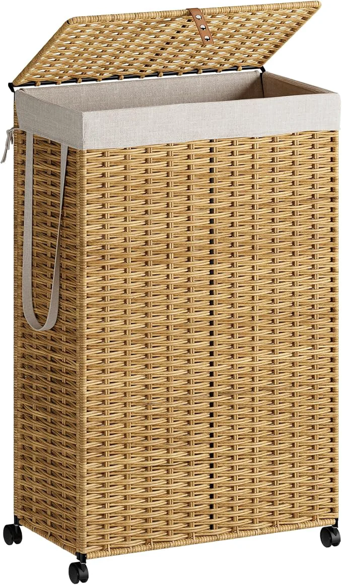 Sustainable Rolling Laundry Hamper with Wheels and Lid 90L Slim Laundry Basket with Removable Bag Foldable Handwoven Rattan Laundry Sorter Narrow Dirty Clothes Basket Organizer No Assembly NaturalAbout ThisOverview Contemporary