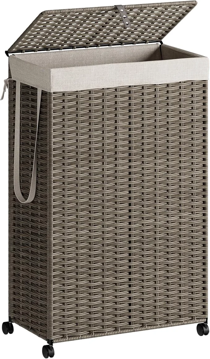 Sustainable Rolling Laundry Hamper with Wheels and Lid 90L Slim Laundry Basket with Removable Bag Foldable Handwoven Rattan Laundry Sorter Narrow Dirty Clothes Basket Organizer No Assembly GreyAbout ThisOverview Lightweight