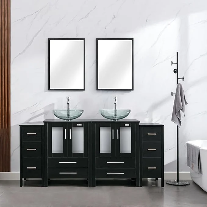 Long-Lasting eclife 72 Modern Bathroom Vanity Sink Combo standing Cabinet with Small Side Cabinet Clear Round Glass Vessel Sink Water Save Faucet Drain Black A16 About ThisOverview Durable
