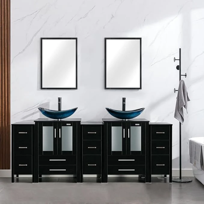 Refined eclife 84 Modern Bathroom Vanity Sink Combo standing Cabinet with Small Side Cabinet Blue Boat Glass Vessel Sink Water Save Faucet Drain Black A29BU About ThisOverview Premium