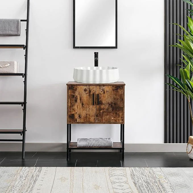 Fine eclife 24 Bathroom Vanity Sink Combo Modern Metal Stand Cabinet W Bottom Shelf White Shell Vessel Sink Water Save Faucet Pop Up Drain Rustic Brown T54 About ThisOverview Reusable