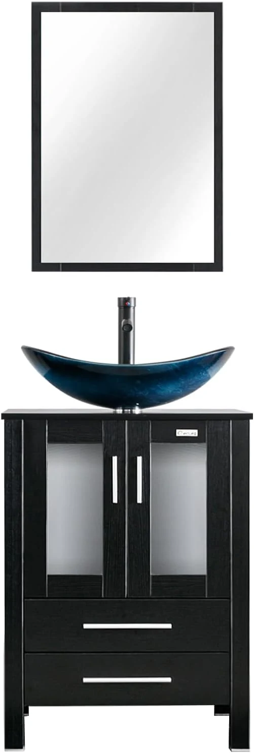 Exceptional eclife 24 Modern Bathroom Vanity Sink Combo standing Cabinet with Soft Closing Door Blue Boat Glass Vessel Sink Water Save Faucet Drain Black A29BU About ThisOverview Long-Lasting
