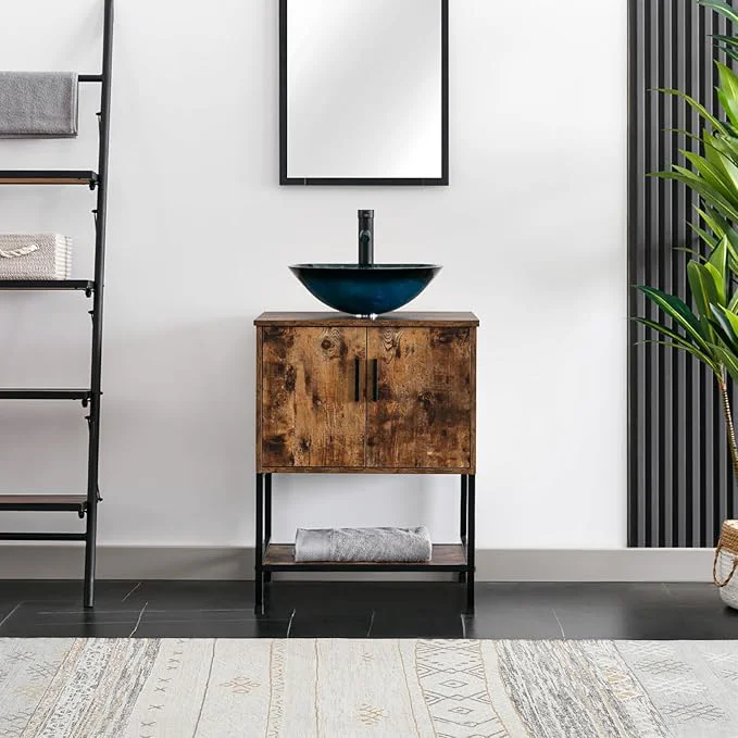 Reusable eclife 24 Bathroom Vanity Sink Combo Modern Metal Stand Cabinet W Bottom Shelf Turquoise Square Vessel Sink Water Save Faucet Pop Up Drain Rustic Brown A10 About ThisOverview Contemporary