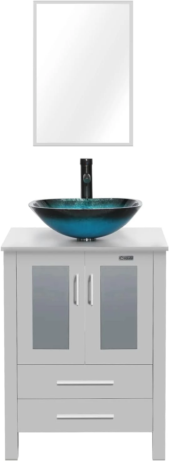 Versatile eclife 24 Modern Bathroom Vanity Sink Combo standing Cabinet with Soft Closing Door Turquoise Square Glass Vessel Sink Water Save Faucet Drain Gray A10 About ThisOverview Reusable