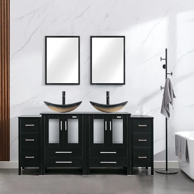 Functional eclife 72 Modern Bathroom Vanity Sink Combo standing Cabinet with Small Side Cabinet Champagne Boat Glass Vessel Sink Water Save Faucet Drain Black A29CH About ThisOverview Verified