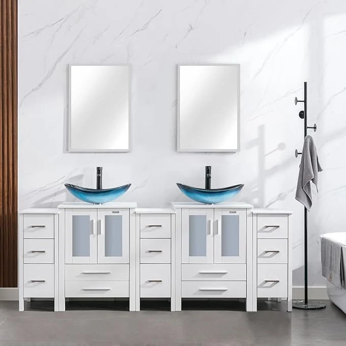 Relaxed eclife 84 Modern Bathroom Vanity Sink Combo standing Cabinet with Small Side Cabinet Blue Boat Glass Vessel Sink Water Save Faucet Drain White A29BU About ThisOverview Superior