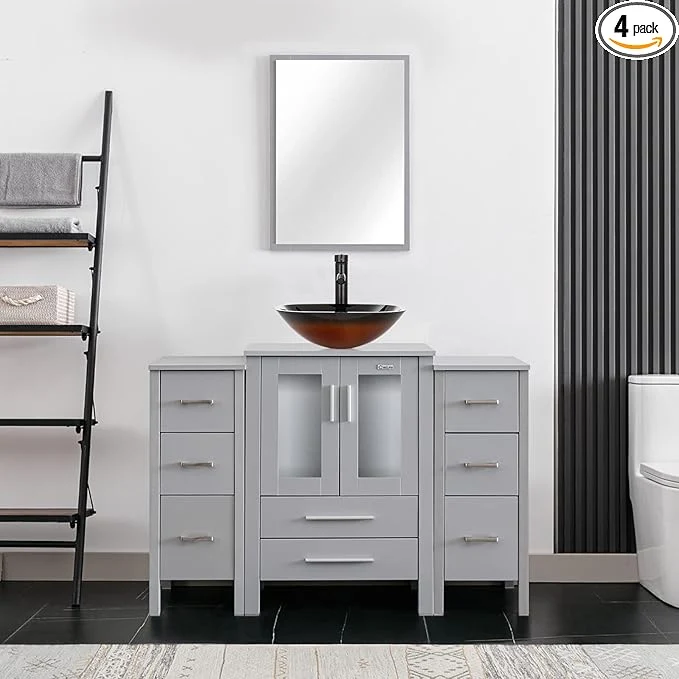 Breathable eclife 48 Modern Bathroom Vanity Sink Combo standing Cabinet with Small Side Cabinet Brown Square Glass Vessel Sink Water Save Faucet Drain Gray A48 About ThisOverview Verified