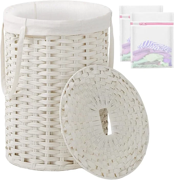 Sustainable Laundry Hamper with Lid Laundry Basket with Lid 19.0 Gal 72 L Round Wicker Laundry Basket Handwoven Rattan Basket with Lid Removable Bag 2 Mesh Bags Handles for Living Room Bathroom WhiteAbout ThisOverview Enhanced