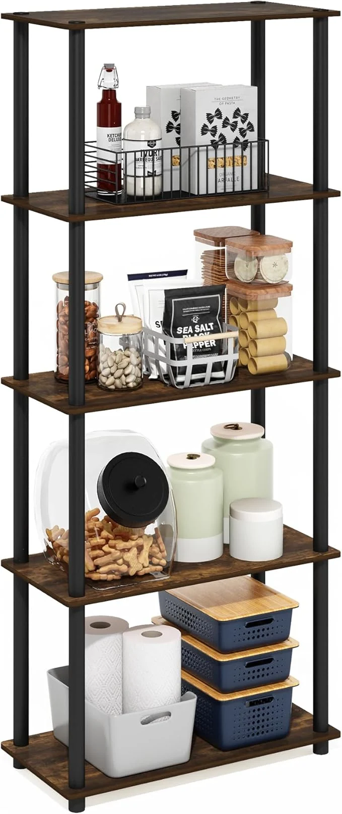 Unique Furinno TURN-N-TUBE Storage Shelves 5-Tier Book Shelf Corner Shelf Toolless Open Shelves for Organization and Storage Living Room Garage Home Office Amber PineAbout ThisOverview Advanced