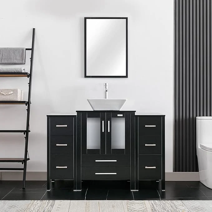 Sophisticated eclife 48 Modern Bathroom Vanity Sink Combo standing Cabinet with Small Side Cabinet White Square Ceramic Vessel Sink Water Save Faucet Drain Black A07 About ThisOverview Advanced