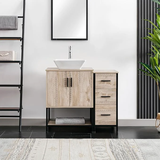 High-Quality eclife 36 Bathroom Vanity Sink Combo Modern Metal Stand Cabinet W Bottom Shelf Storage Side Cabinet White Square Vessel Sink Water Save Faucet Pop Up Drain Oak A07 About ThisOverview Recyclable