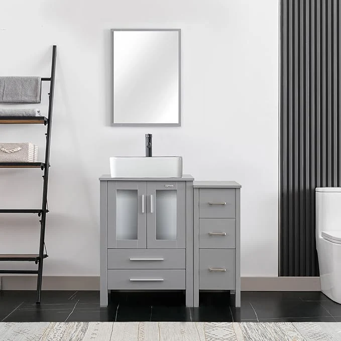 Comfortable eclife 36 Modern Bathroom Vanity Sink Combo standing Cabinet with Small Side Cabinet White Black Ceramic Vessel Sink Water Save Faucet Drain Gray T03BK About ThisOverview Minimalist