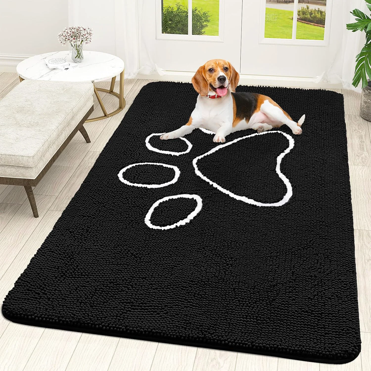 Organic OLANLY Door Mat for Muddy Dog Paws 70x46 Ultra Absorbent Chenille Mud Doormat with Paw Print Design Non-Slip Washable Doormat for Indoor Entryway Quick-Dry Pet Bed Mats for Dirty Dogs Black Versatile