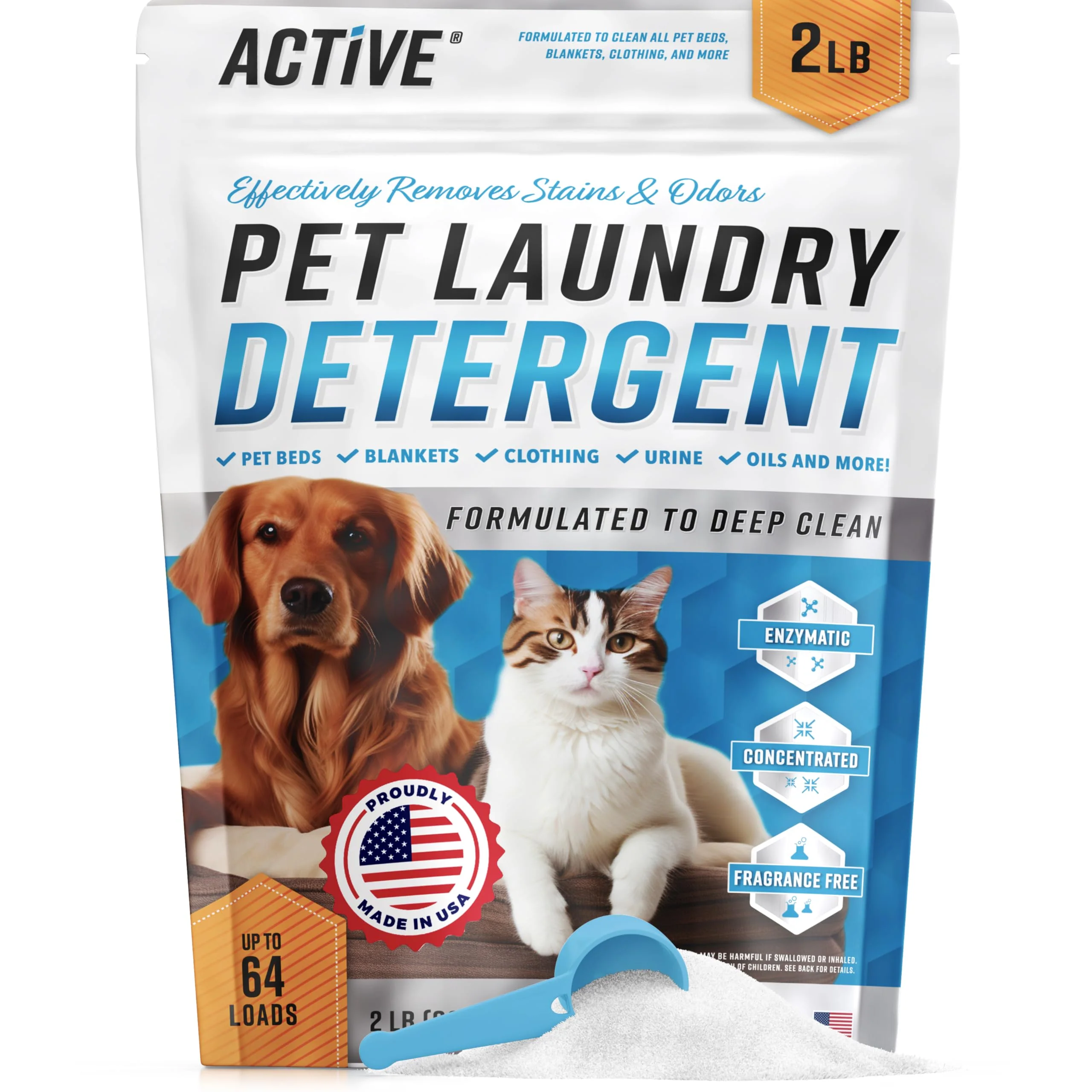 Powerful ACTIVE Pet Laundry Detergent Odor Remover — Enzyme-Based Powder 64 Loads Natural