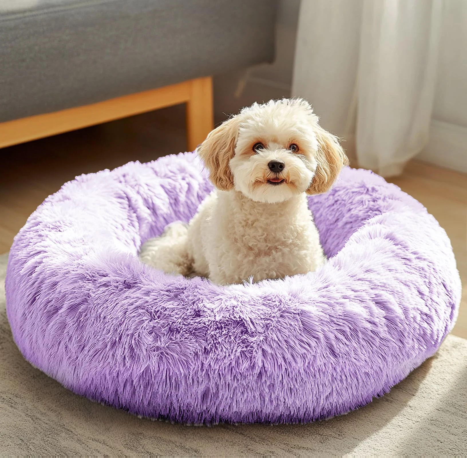 Enhanced JOLLYVOGUE Donut Bed for Small Dogs Cats – Calming Fluffy Pet Bed 20-inch Modern