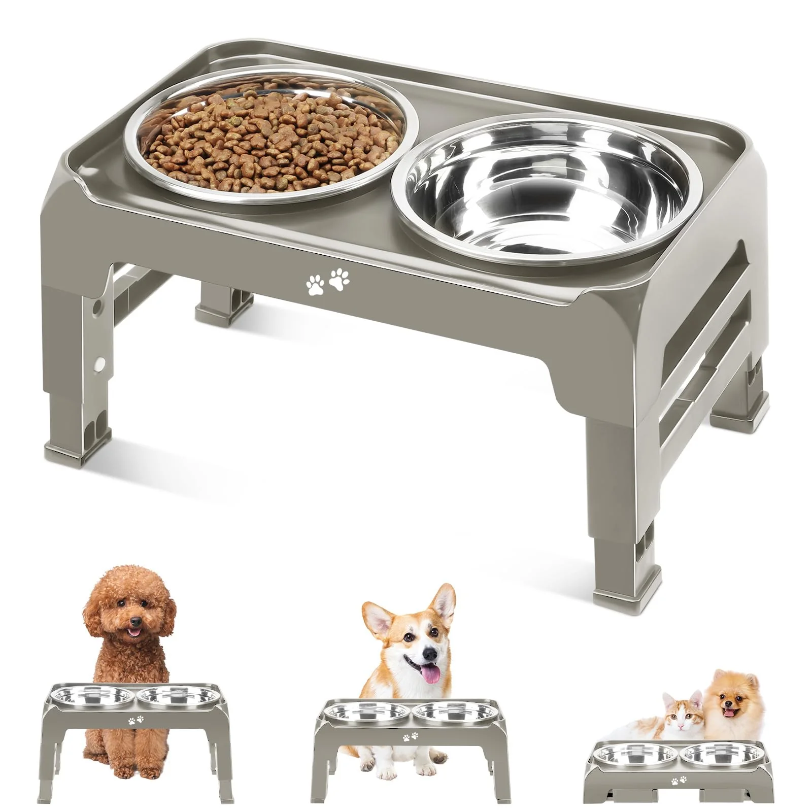 Soft COMESOON d Bowls for Small Dogs - 3-Height Adjustable Stand with 25oz Stainless Bowls Light Brownish Gray Consistent