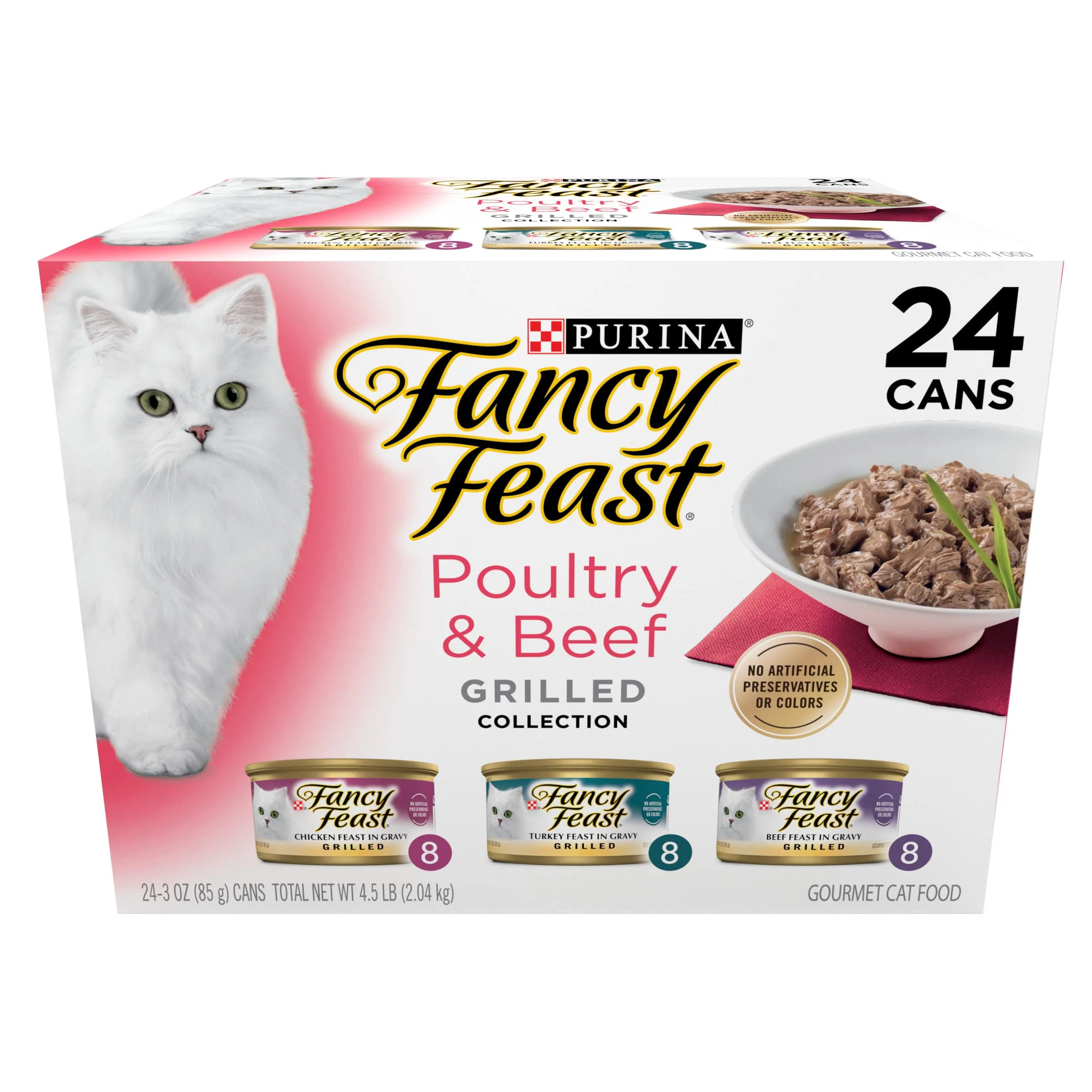 Traditional Fancy Feast Grilled Wet Cat Food Variety Pack - Poultry Beef Collection 3 oz Cans Pack of 24 Safe