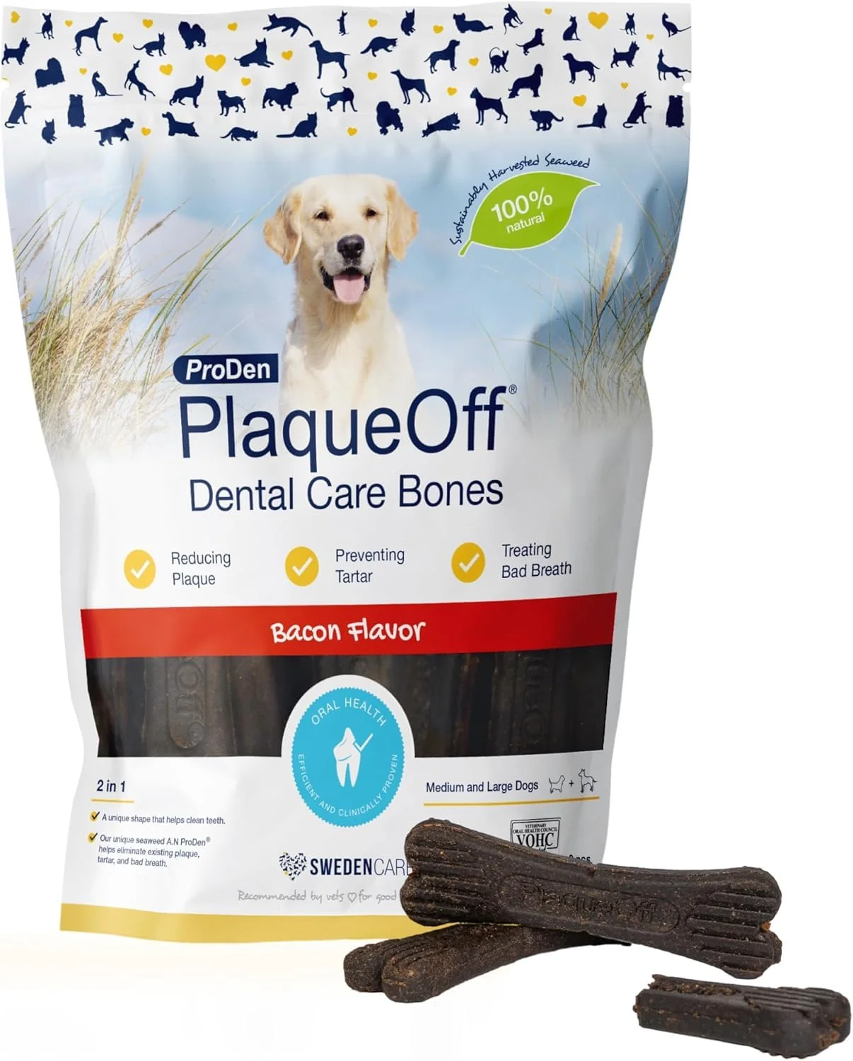 Unique ProDen PlaqueOff System Dental Care Bones – Bacon Flavor for Medium Large Dogs 17 oz Healthy