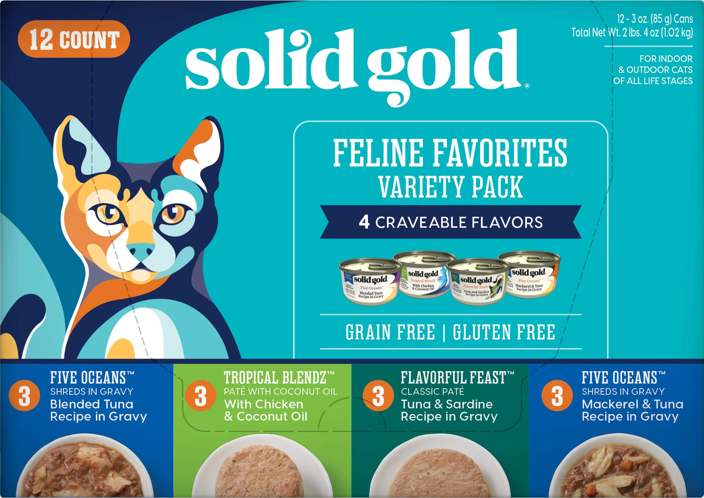 Lightweight Solid Gold Wet Cat Food Variety Pack – Pate Shreds in Gravy Grain Gluten 12 x 3oz Secure