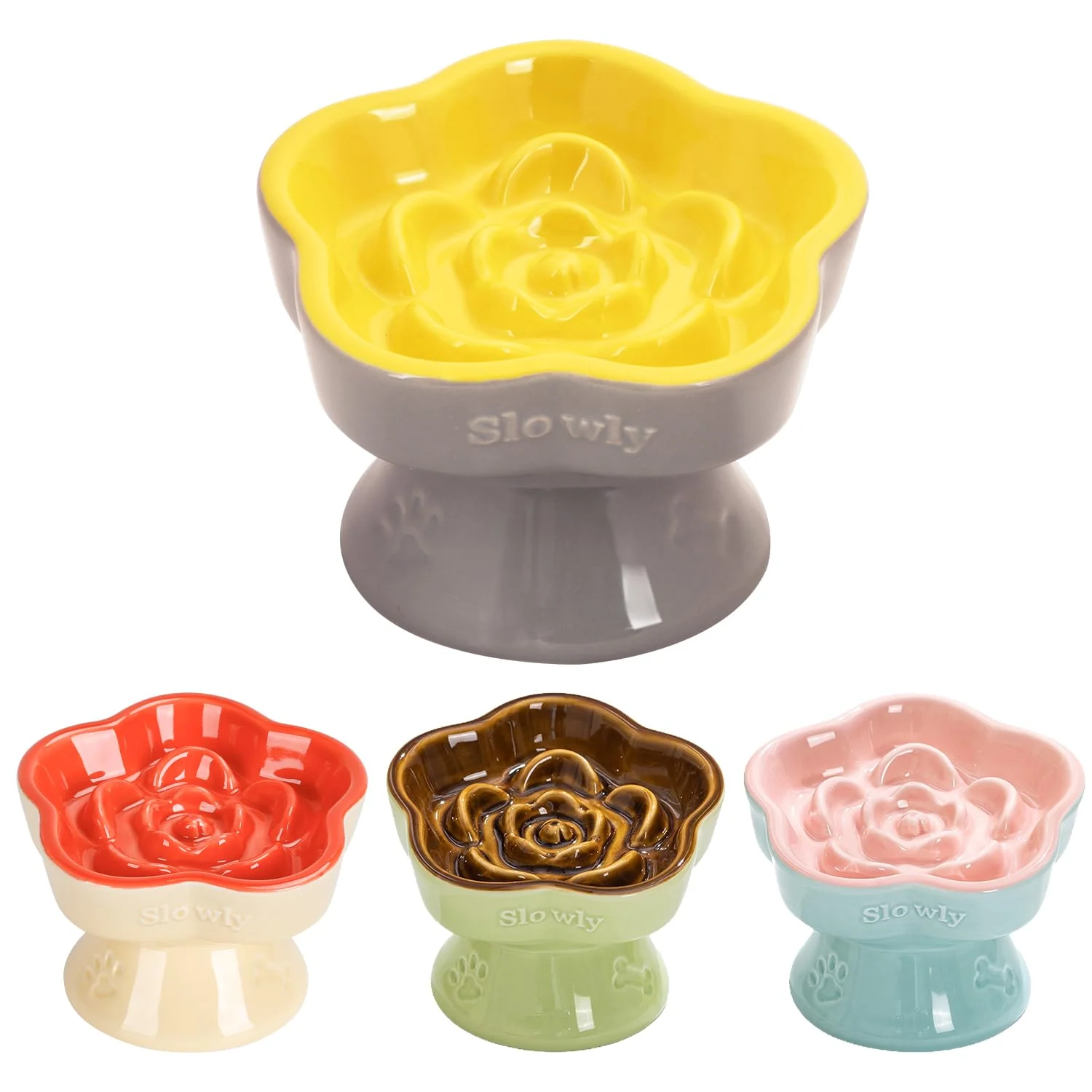 Healthy S Q'S CERAMICS Raised Slow Feeder Cat Bowl – Ceramic d Pet Dish for Dry Wet Food Yellow 5.8 inches Selected