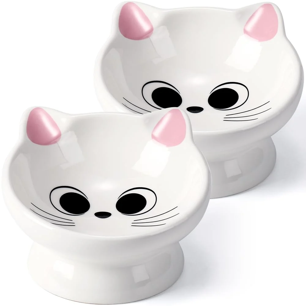 Durable AISBUGUR 2Pcs Raised Cat Bowl Set — 15° Tilt Ceramic Bowls Pink Traditional