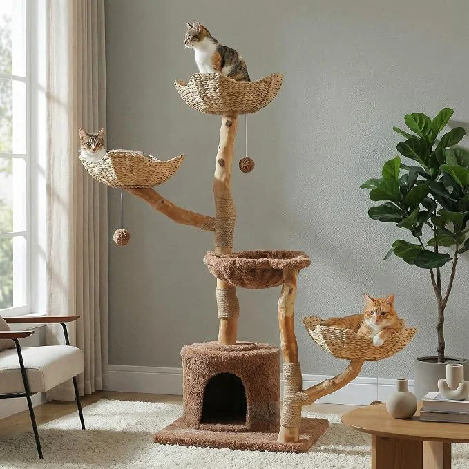 High-End 59 Cat Tree Tower with Solid Wood Natural Branch Modern Cat Tree World-Class