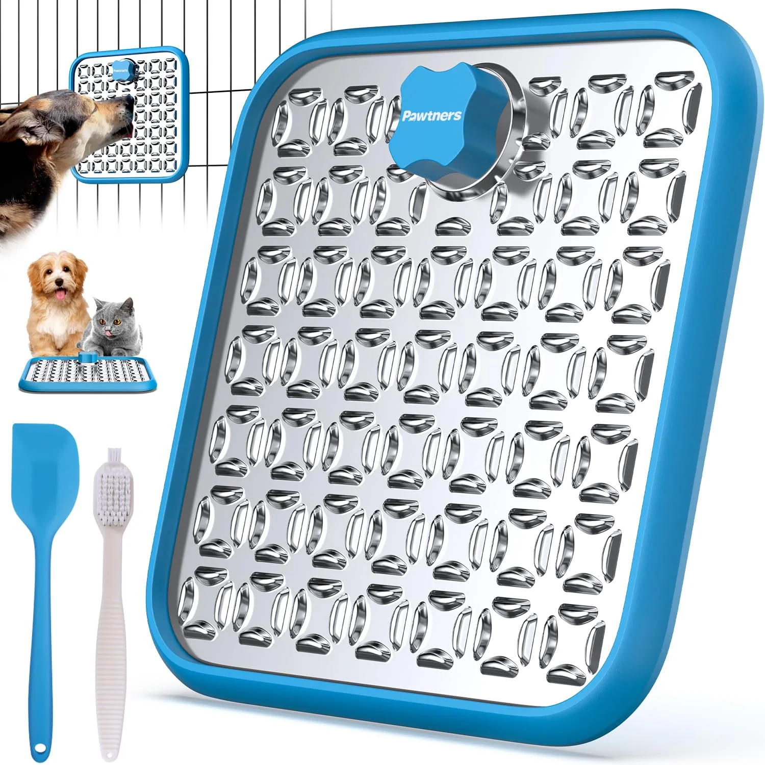 Pure Pawtners Stainless Steel Lick Mat – Slow Feeder for Dogs Cats Blue Detailed