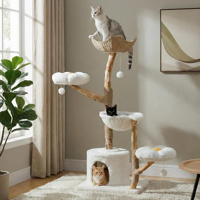 Specialty 59 Modern Cat Tree Tower for Large Cats w 2 Flower Perches-Natural Solid Wood High-Grade