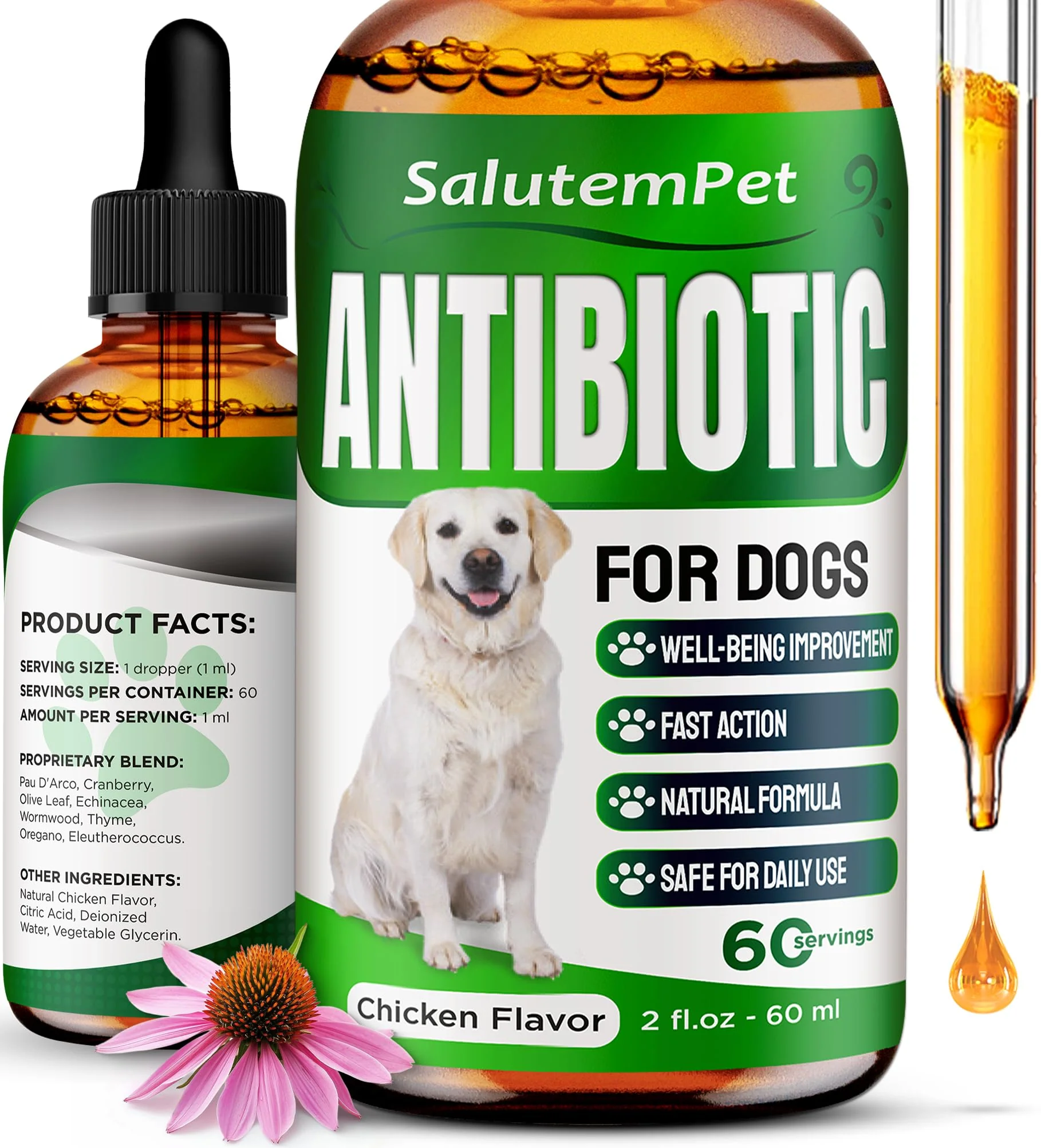 Practical SalutemPet Dog Antibiotics — Natural Drops for Infections Cough Itching Chicken Flavor 2 Oz Genuine