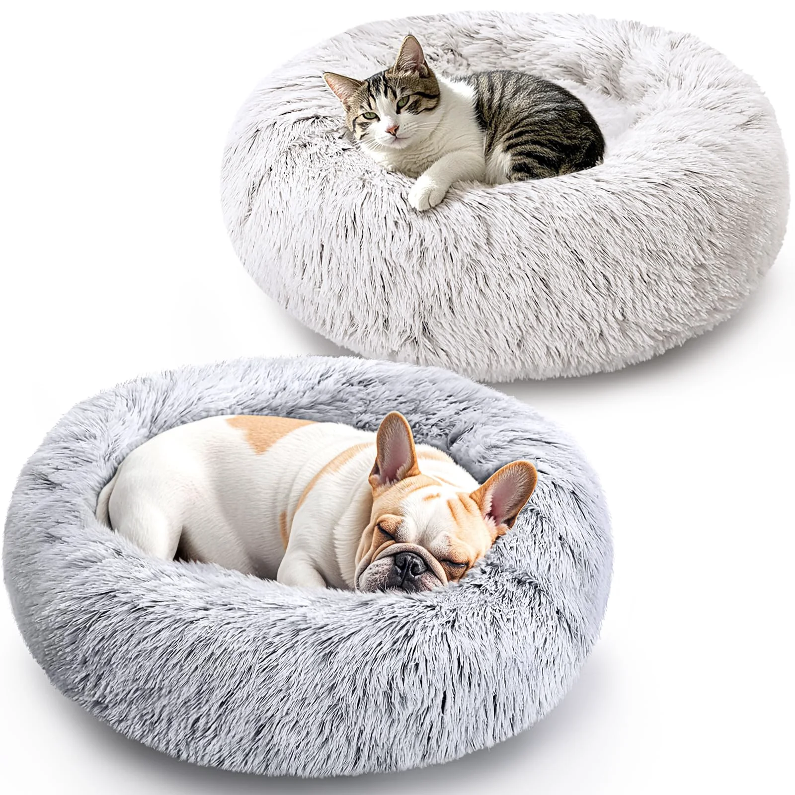 Original KXK Dog Cat Bed 2 Pack – 20-inch Donut Calming Beds for Small Pets Grey White Functional
