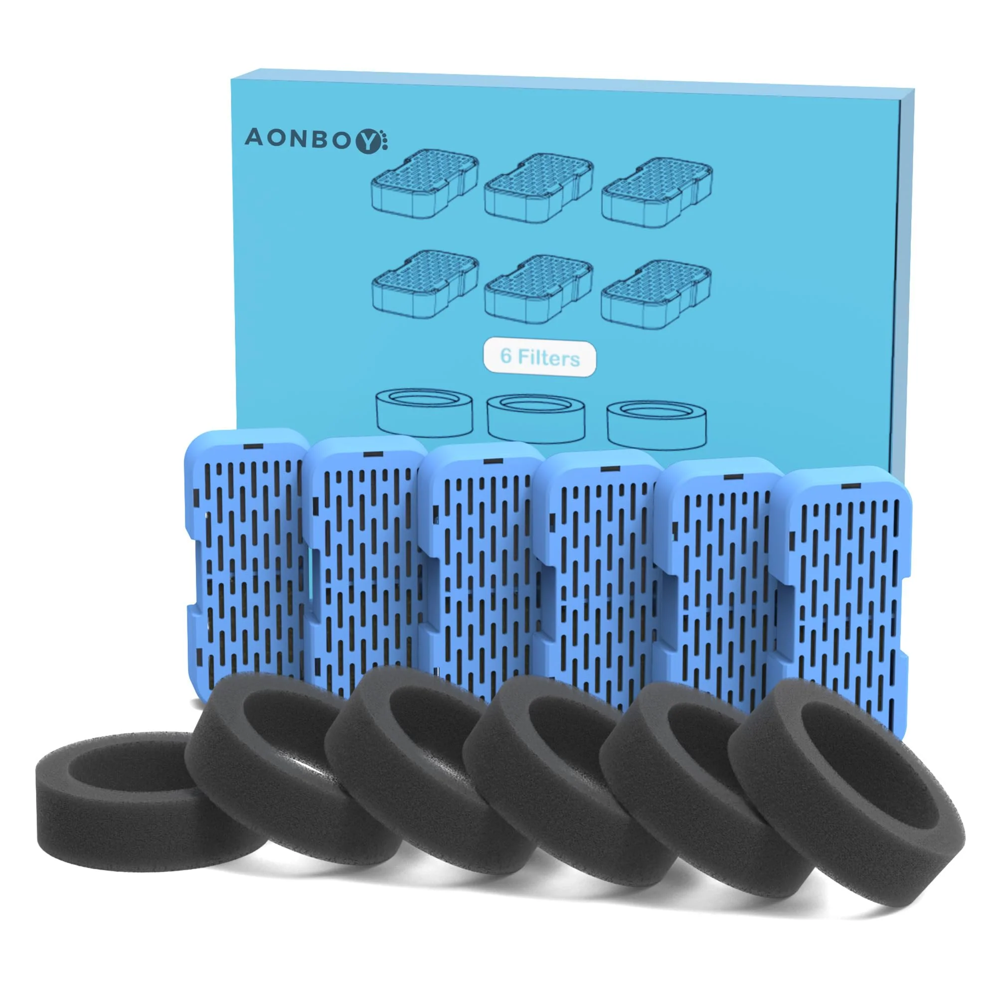 Premium AONBOY Cat Fountain Filters — 6 Filters 6 Sponges for S3-SC Pet Fountain Detailed