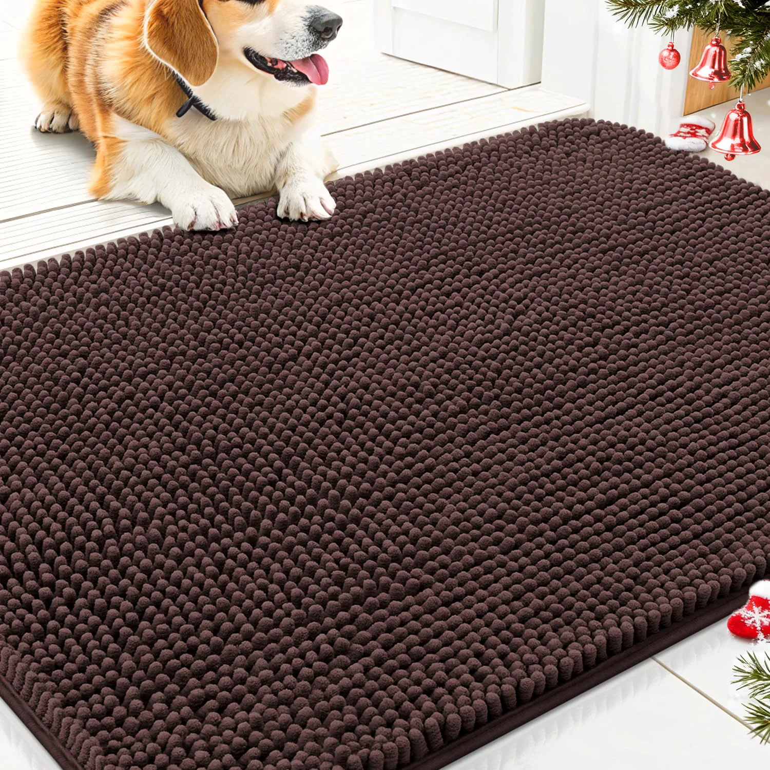 Efficient Smiry Dog Door Mat 30x20 — Absorbs Moisture Dirt Non-Slip Quick-Dry Chenille Entryway Mat Brown Premium Material