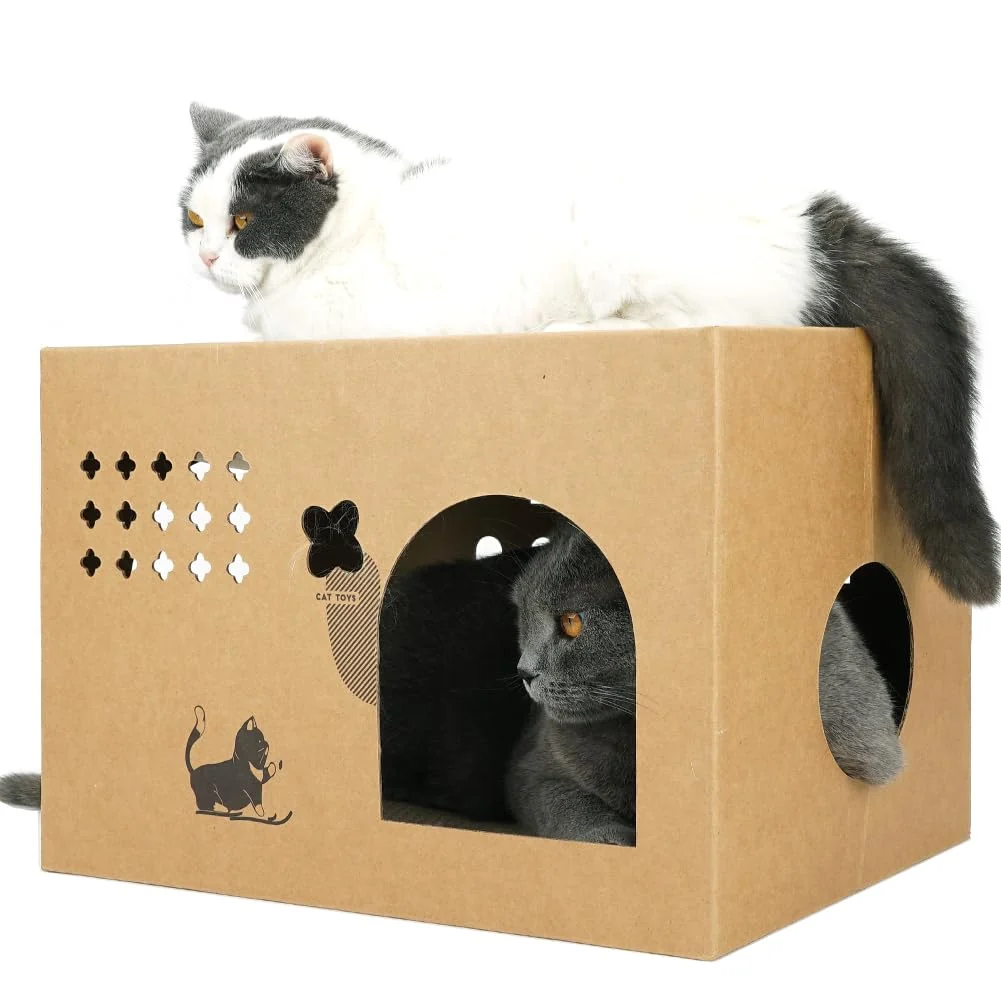 Smooth Deamoser Cardboard Cat House with Catnip – Large 17-in L x 12-in W x 12-in H Cat Condo Scratching Pads Practical