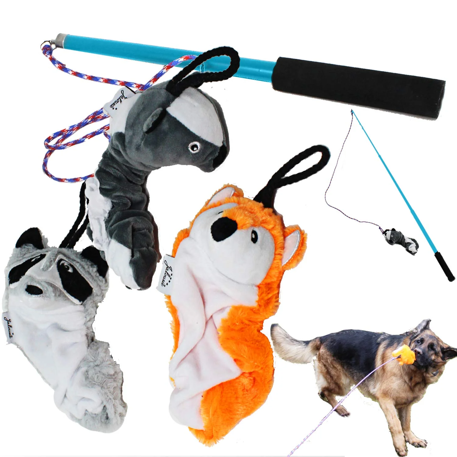 Carefully Designed Jalousie Collapsible Dog Flirt Pole with Three Squeaky Toys and Upgraded Rope Premium Material