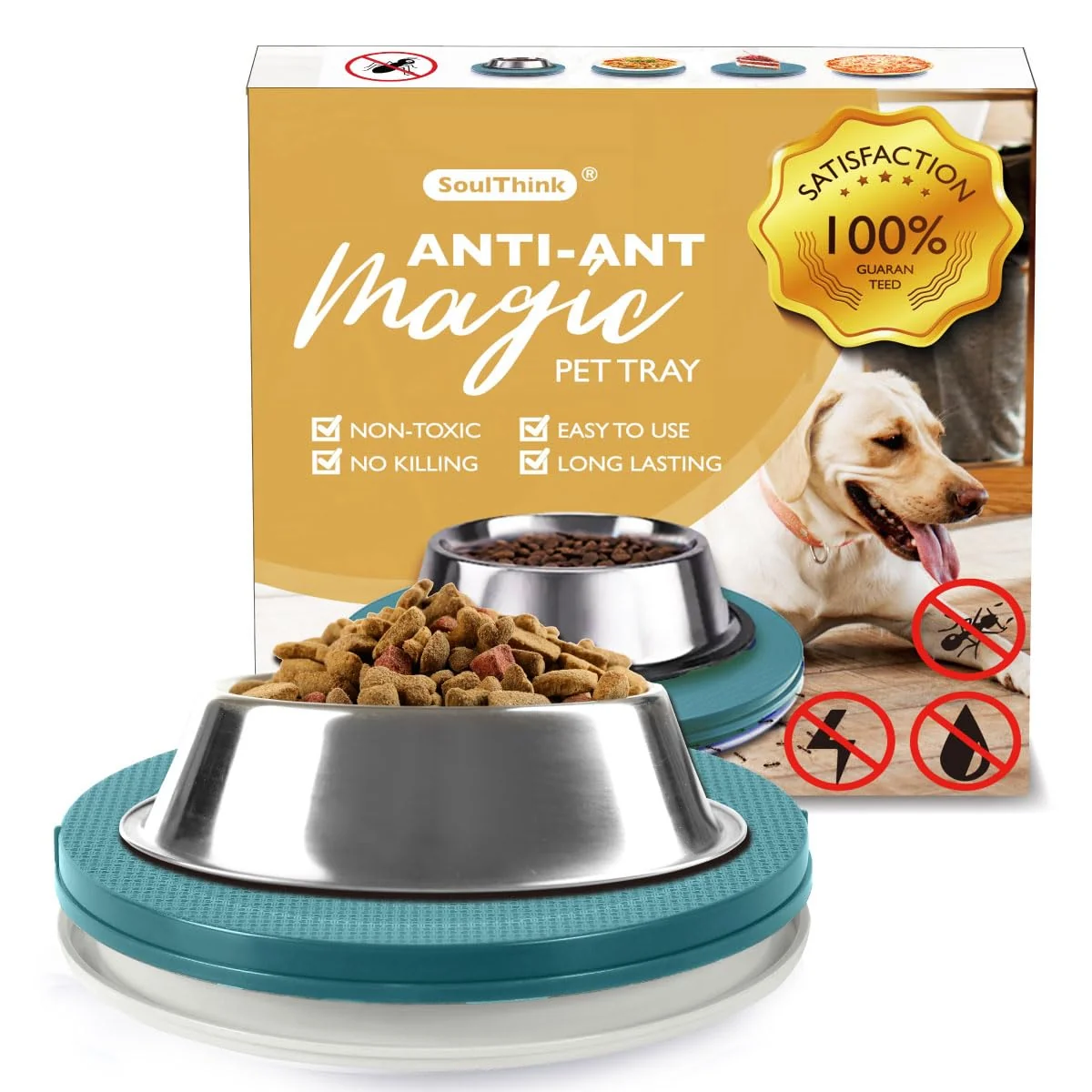 Refined SoulThink Ant Proof Cat Dog Bowl Tray No Chemicals No Water Needed Turquoise Green