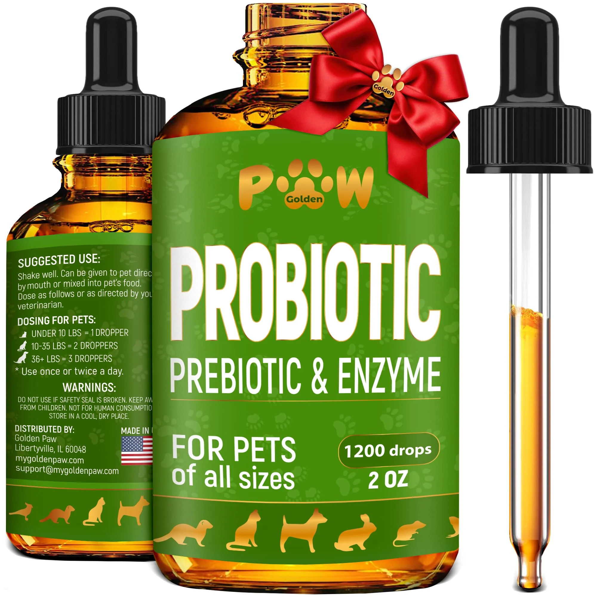 Fine Golden Paw Liquid Probiotics for Dogs Cats - 3 Billion CFU Herbal Flavor - 2 Oz Genuine