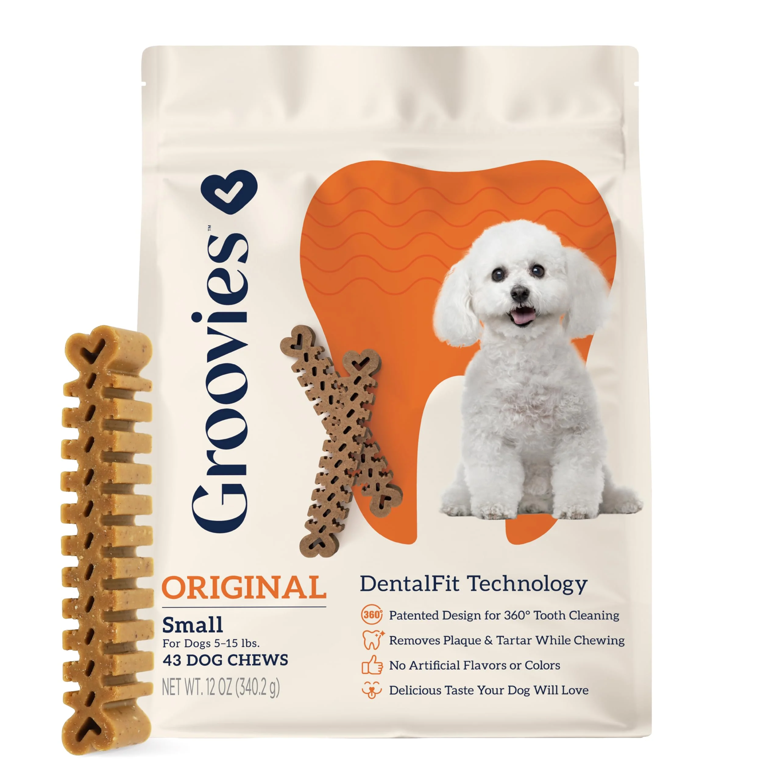 Advanced Groovies Flexible Daily Dog Dental Chews — 12oz Small 43 Chews DentalFit Technology Gluten- Durable
