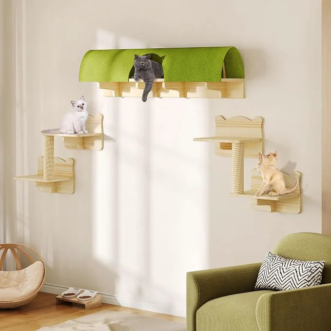 Premium Cat Wall Shelves 7-in-1 Solid Wood Wall-Mounted Cats Furniture Set Specialty