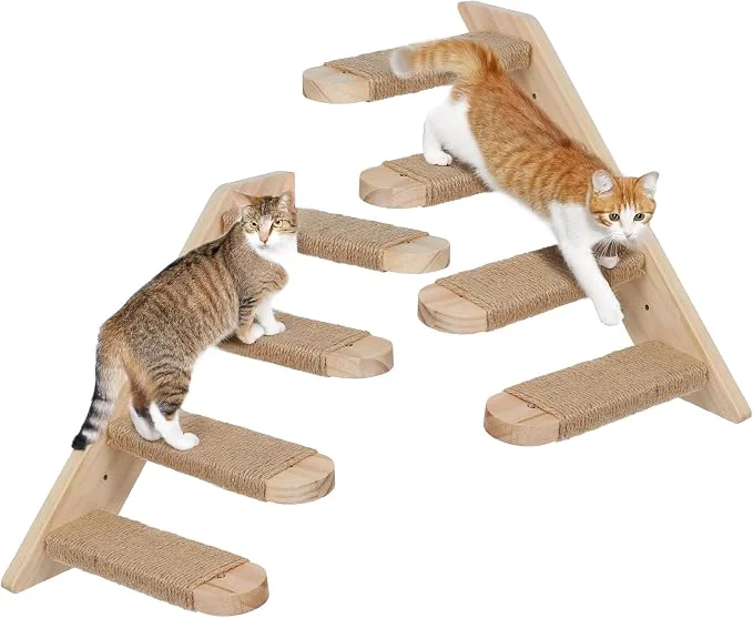 Sophisticated 2 Pack 4 Steps Cat Wall Shelves Wood Wall Mounted Stairs Minimalist