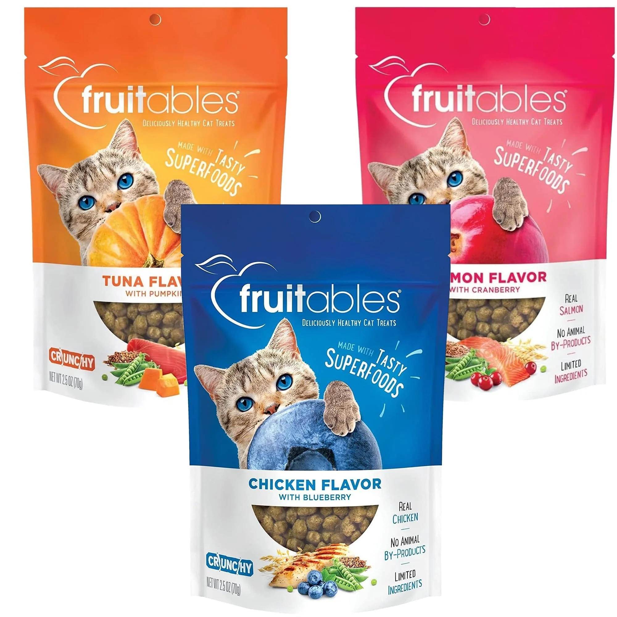 Proven Fruitables Cat Treats - Crunchy Low-Calorie Protein Snack with Salmon Tuna Chicken - 2.5 Oz 3 Pk Wheat Corn Soy Clean