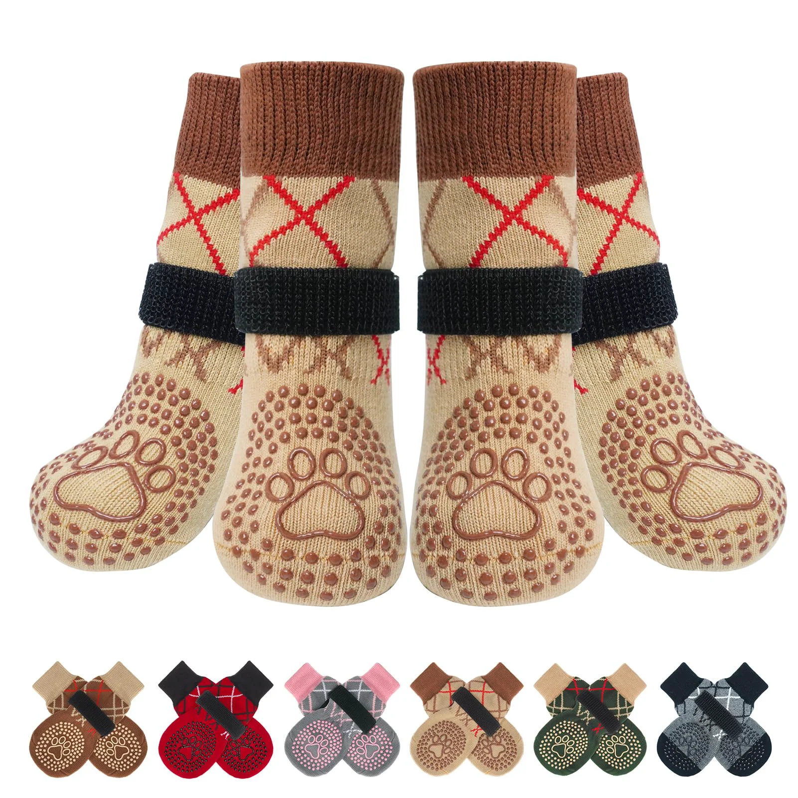 Trendy BEAUTYZOO 6PCS Dog Socks – Anti-Slip Paw Boots with Adjustable Fit Khaki Size M Secure