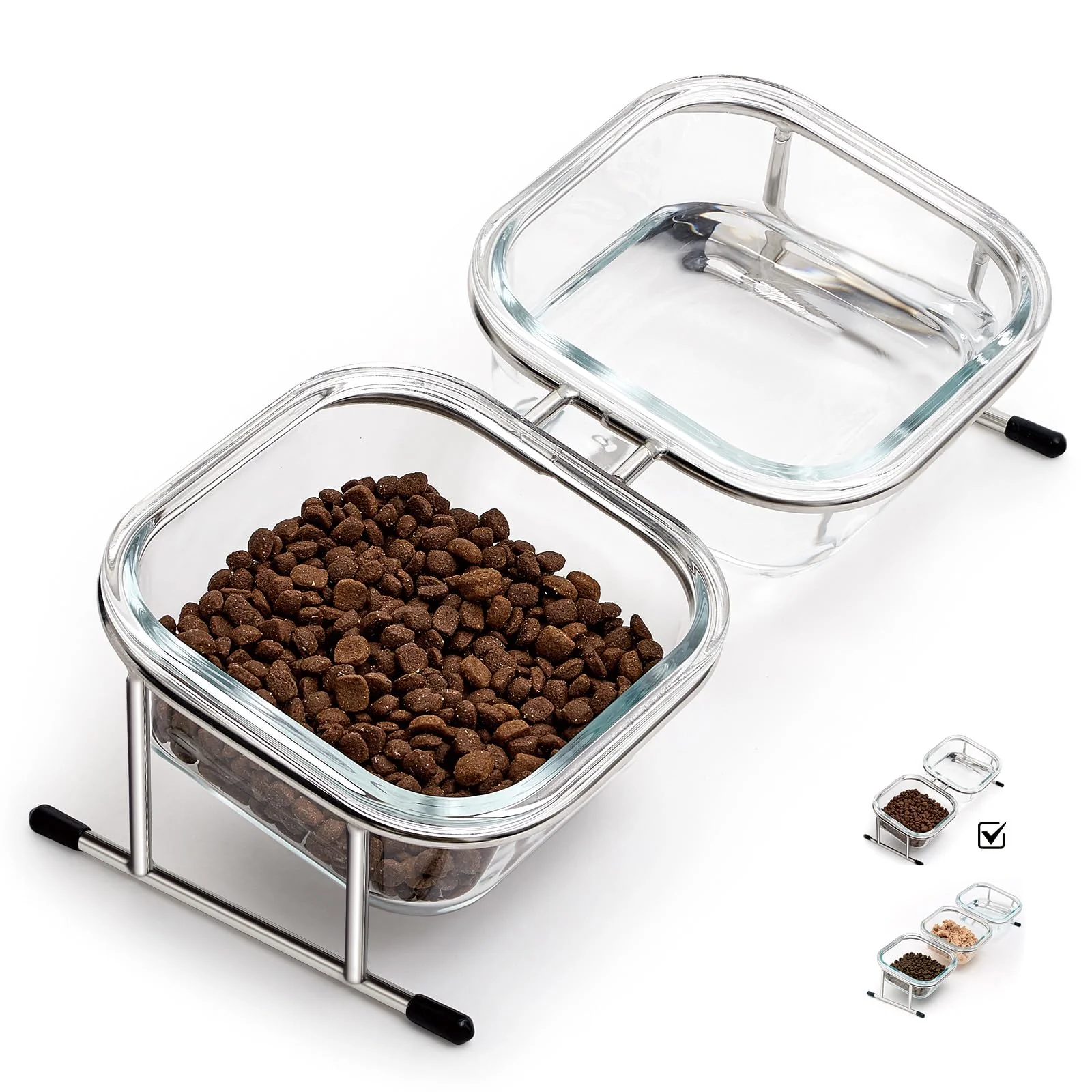 Prestigious Hannadepot d Cat Bowls – 15° Tilted Glass Raised Bowl with Stainless Steel Stand 2 Large Bowls 4 Anti-Slip Feet Easy-to-Use