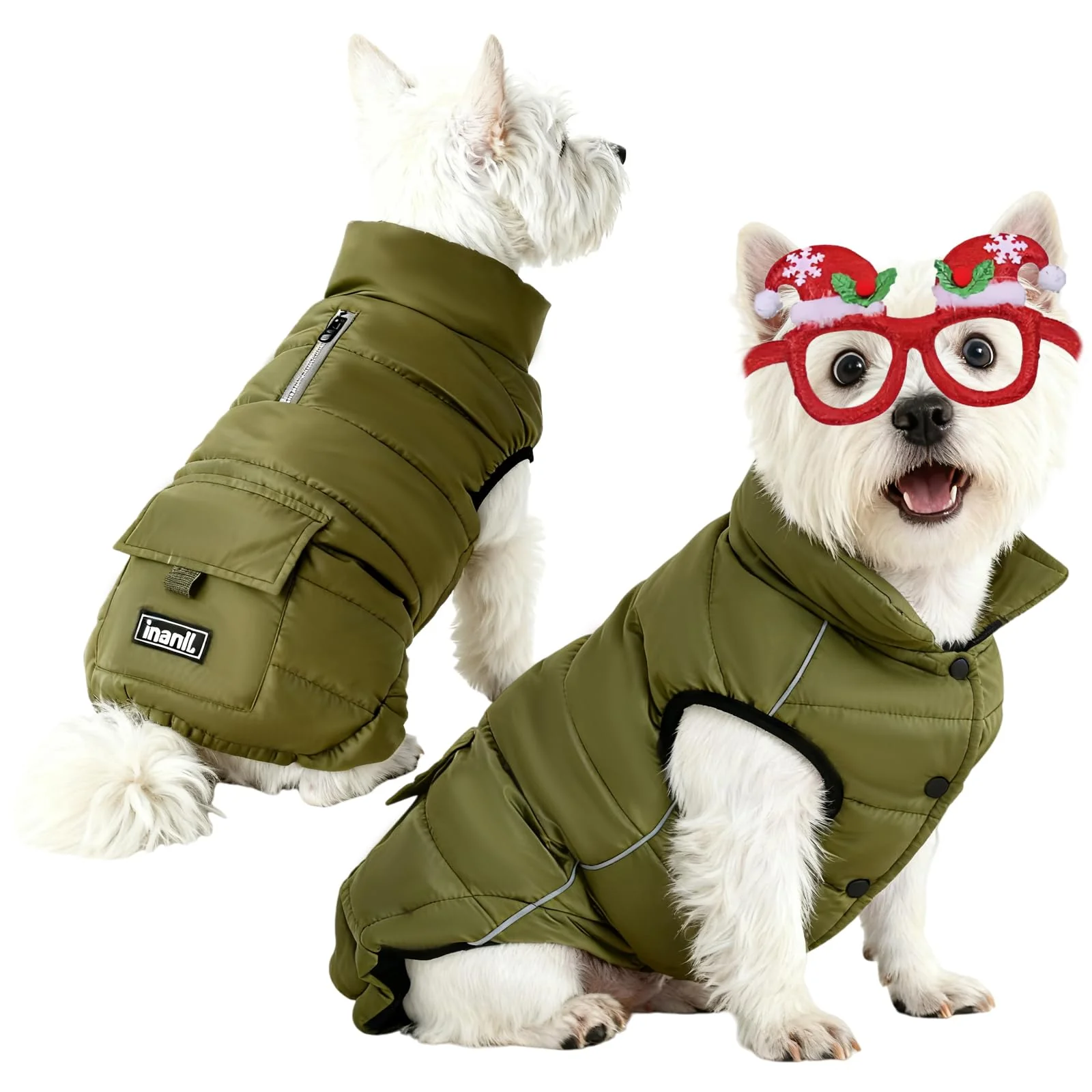 Advanced Inanil Dog Winter Puffer Jacket Olive – Waterproof Reflective Fleece-Lined Coat for Small Medium Dogs M Comfortable