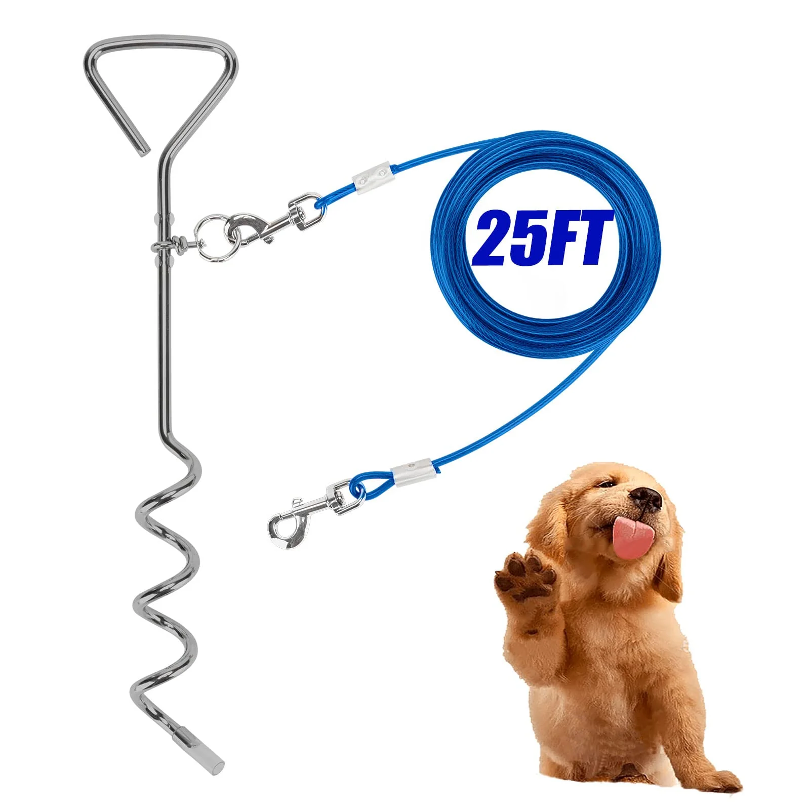 Professional Darkyazi Dog Tie-Out Cable with Stake – 25ft 90lbs Anti-Chew Steel Blue Exclusive