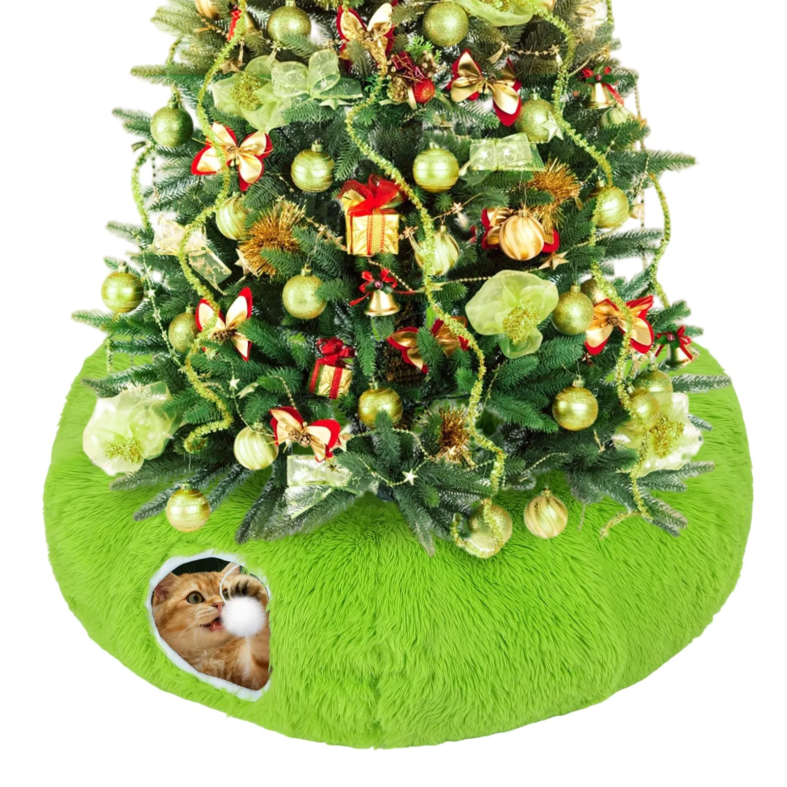 Eco-Friendly Beeplove Green Fluffy Cat Tunnel Christmas Tree Skirt – Cat Donut Bed Tree Protector 36in Diameter Pure