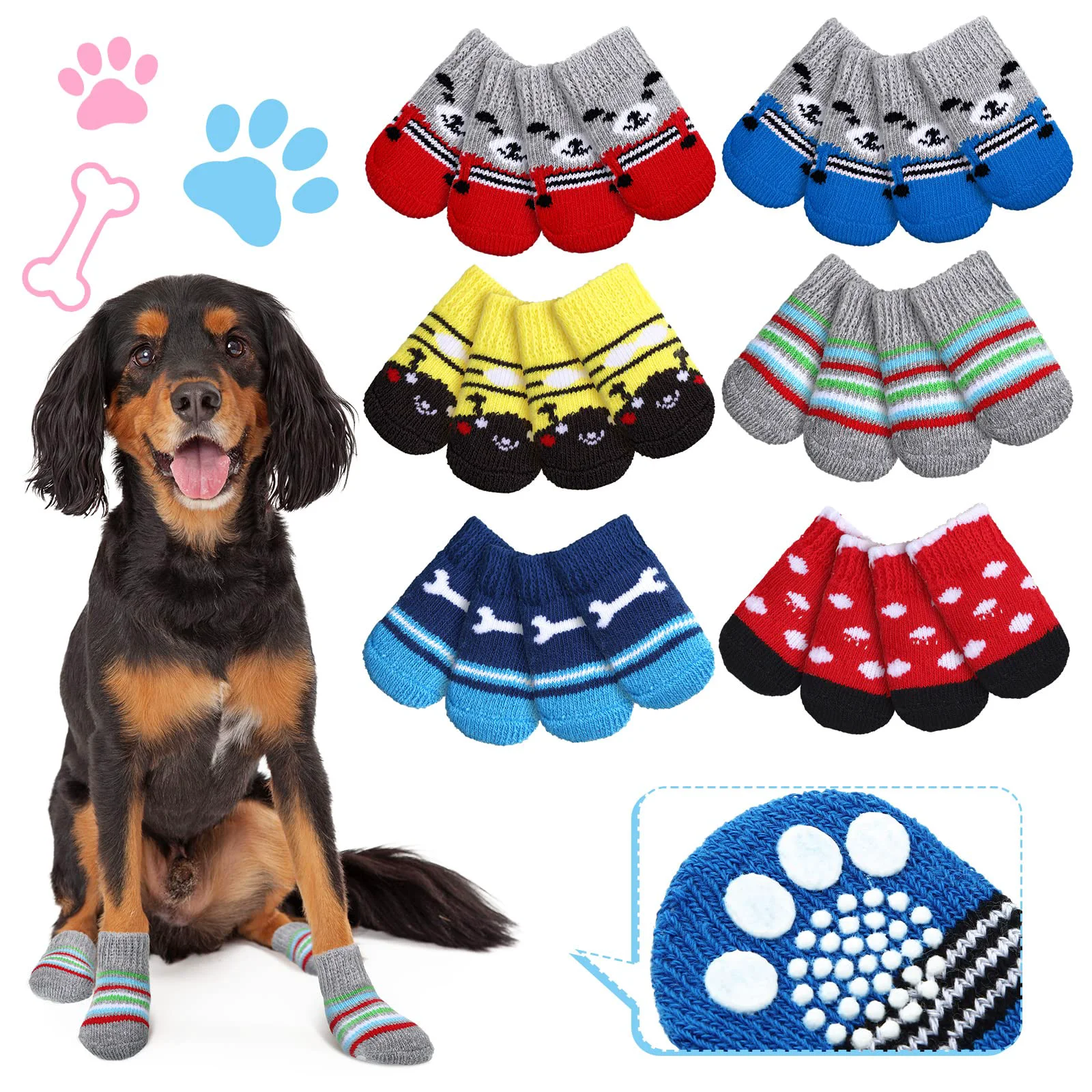 Fast Sadnyy 24 Pcs Non-Slip Dog Socks – 6 Styles for Indoor Traction Floor Protection Expertly Made