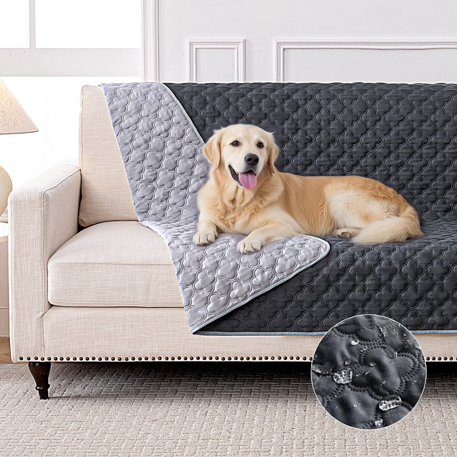 Elegant FunFurry Waterproof Dog Blanket - Reversible Couch Cover Dark Light Grey 52 x 82 in Clean